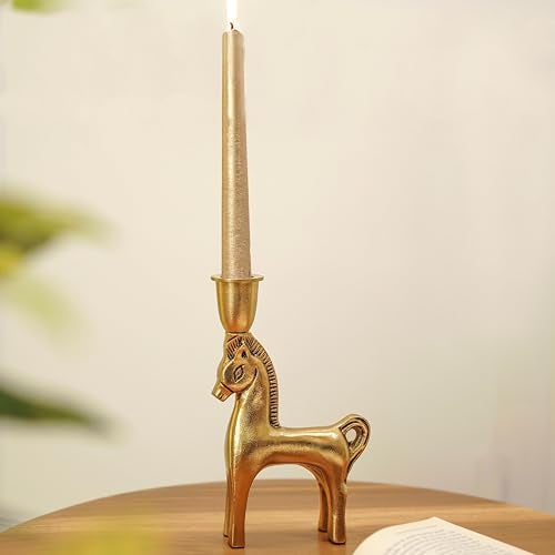 BEHOMA Handcrafted Aluminium Horse Candle Holder | Gold Finish Decorative Taper Candlestick | Valentine’s Day & Romantic Gift for Men | Wedding & Housewarming Showpiece | Golden (Candle Not Included) - Image 2