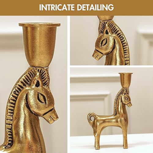 BEHOMA Handcrafted Aluminium Horse Candle Holder | Gold Finish Decorative Taper Candlestick | Valentine’s Day & Romantic Gift for Men | Wedding & Housewarming Showpiece | Golden (Candle Not Included) - Image 3