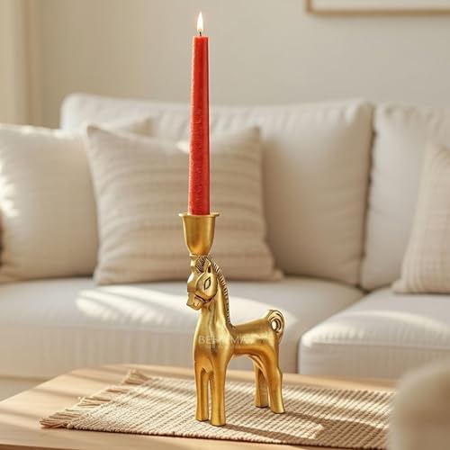 BEHOMA Handcrafted Aluminium Horse Candle Holder | Gold Finish Decorative Taper Candlestick | Valentine’s Day & Romantic Gift for Men | Wedding & Housewarming Showpiece | Golden (Candle Not Included) - Image 1