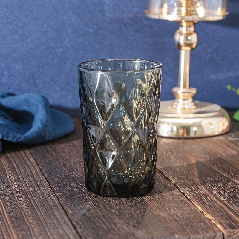 Bandesun Drinking Glass set of 6 Diamond Pattern Kitchen Glassware Tumbler12 OZ Grayfor WaterCocktailMilkJuice and Beverage