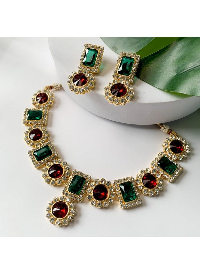 I Jewels I Jewels 18K Gold Plated Traditional Stone Studded Necklace Jewellery Set For Women And Girls (IJ353MG)  - Image 3