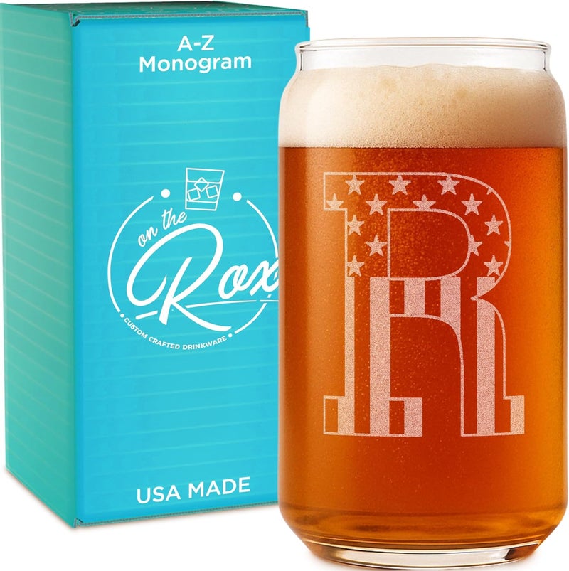 On The Rox Monogram Beer Glasses for Men (A-Z) 16 oz - Beer Gifts for Men Brother Son Dad Neighbor - Unique Gifts for Him - Personalized Drinking Gift Beer Glass Mugs - Engraved Beer Can Glass (R) - Image 1