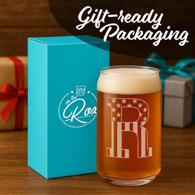 On The Rox Monogram Beer Glasses for Men (A-Z) 16 oz - Beer Gifts for Men Brother Son Dad Neighbor - Unique Gifts for Him - Personalized Drinking Gift Beer Glass Mugs - Engraved Beer Can Glass (R) - Image 4