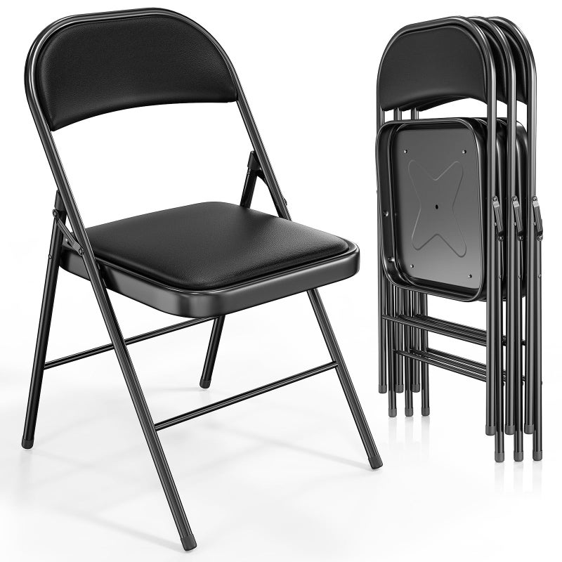 VINGLI 4 Pack Folding Chairs with Padded Seats Metal Frame with Pu Leather Seat  Back Capacity 350 lbs Set of 4 Black