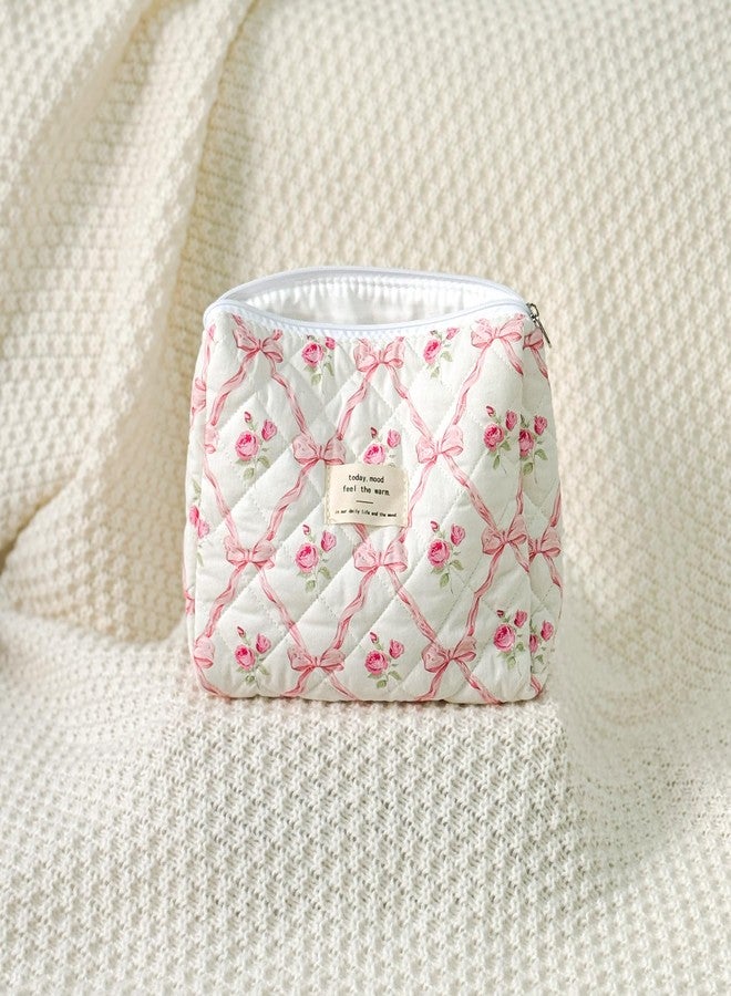 Sminra Makeup Bag Large Travel Quilted Cosmetic Makeup Bag Organizer, Floral Cotton Coquette Aesthetic Toiletry Bag for Women Girls (Pink Bow Flowers) - Image 3