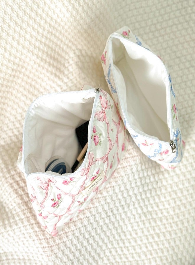 Sminra Makeup Bag Large Travel Quilted Cosmetic Makeup Bag Organizer, Floral Cotton Coquette Aesthetic Toiletry Bag for Women Girls (Pink Bow Flowers) - Image 4