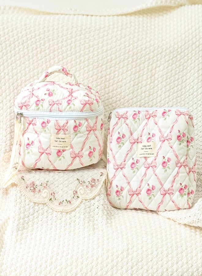 Sminra Makeup Bag Large Travel Quilted Cosmetic Makeup Bag Organizer, Floral Cotton Coquette Aesthetic Toiletry Bag for Women Girls (Pink Bow Flowers) - Image 5