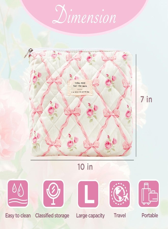 Sminra Makeup Bag Large Travel Quilted Cosmetic Makeup Bag Organizer, Floral Cotton Coquette Aesthetic Toiletry Bag for Women Girls (Pink Bow Flowers) - Image 2