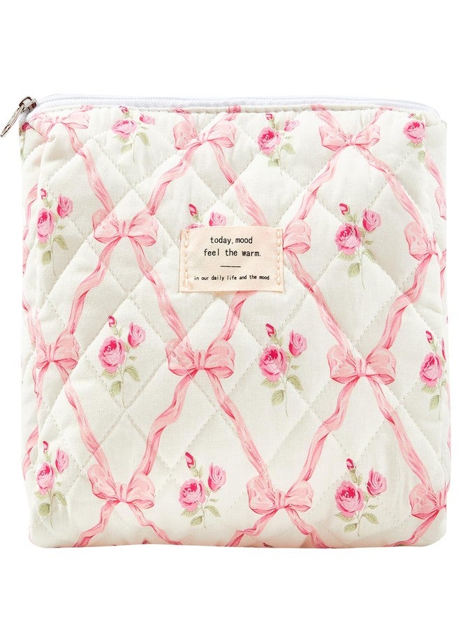 Sminra Makeup Bag Large Travel Quilted Cosmetic Makeup Bag Organizer, Floral Cotton Coquette Aesthetic Toiletry Bag for Women Girls (Pink Bow Flowers) - Image 1