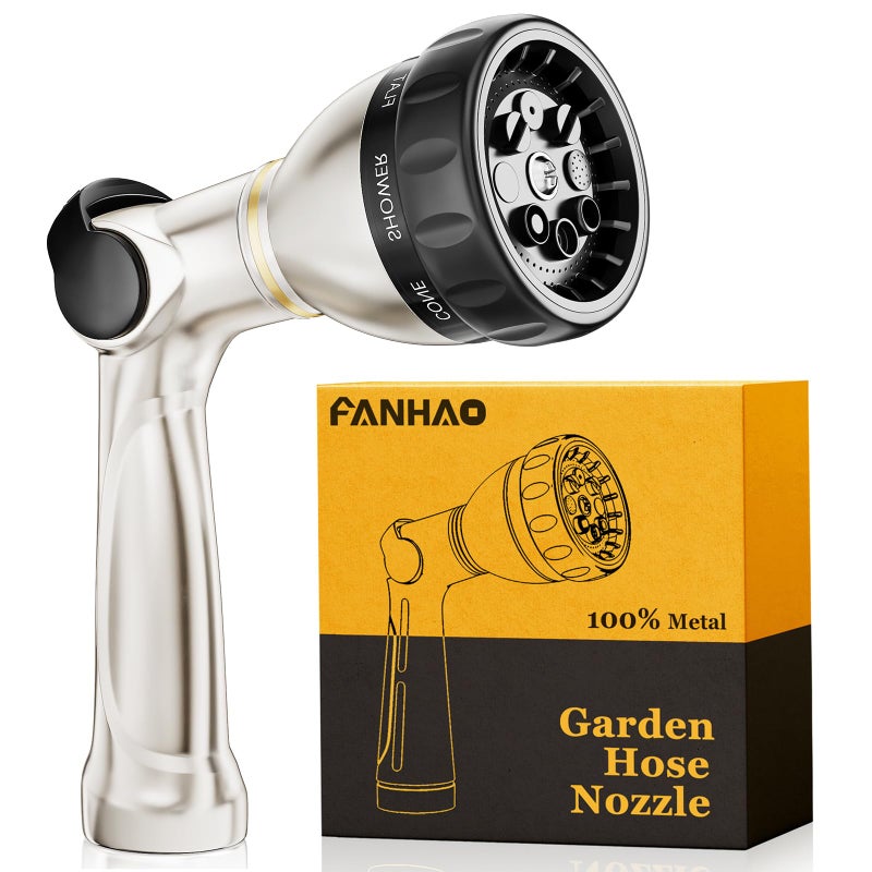 FANHAO Professional Garden Hose Nozzle Heavy Duty, 100% Metal Thumb Control Water Hose Sprayer with 8 Spray Patterns, High Pressure Water Nozzle for Watering Plant & Lawn, Washing Car & Pet - Image 1