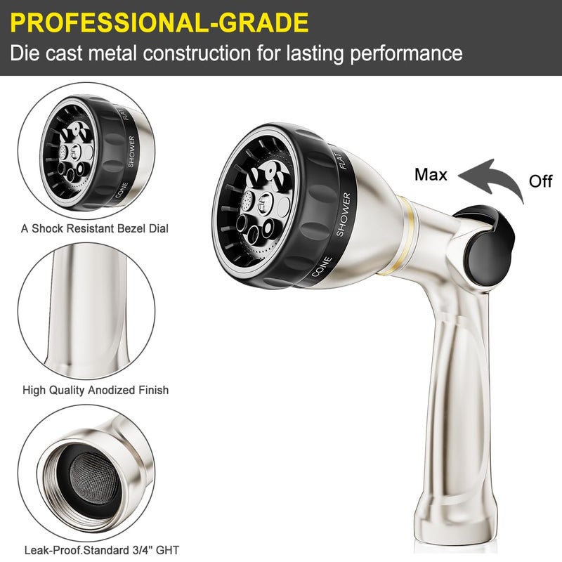 FANHAO Professional Garden Hose Nozzle Heavy Duty, 100% Metal Thumb Control Water Hose Sprayer with 8 Spray Patterns, High Pressure Water Nozzle for Watering Plant & Lawn, Washing Car & Pet - Image 3