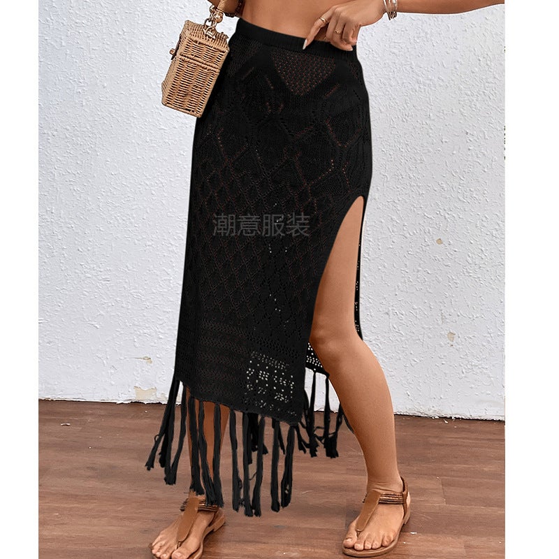 High Slit Fringe Textured Beach Bikini Cover Up Skirt - Image 4