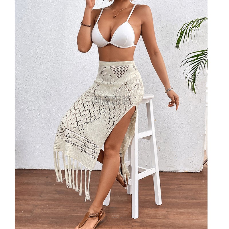 High Slit Fringe Textured Beach Bikini Cover Up Skirt - Image 3