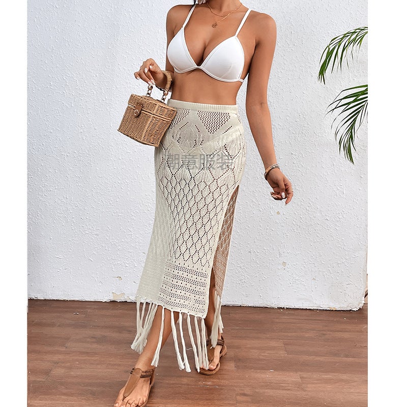 High Slit Fringe Textured Beach Bikini Cover Up Skirt - Image 2