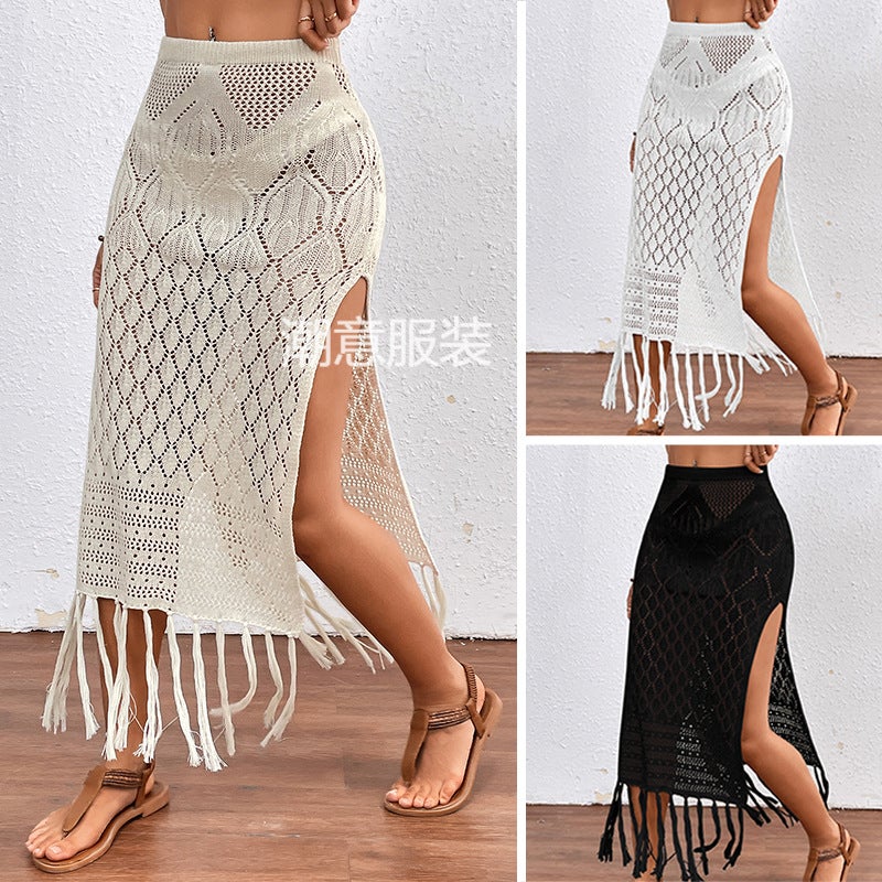 High Slit Fringe Textured Beach Bikini Cover Up Skirt - Image 1
