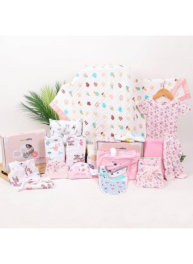 MOM'S HOME Moms Home Supersoft Organic Cotton New Born Baby Essentials Gift Set | Hospital Bag (Maternity Kit) 26 Items (0-3 Months, Pink)  - Image 1