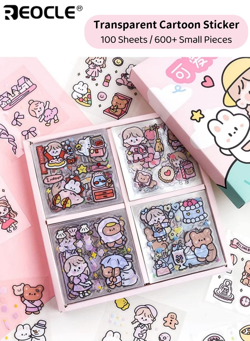 REOCLE 100 Sheets 600+ Small Pieces Transparent PET Decorative Sticker Set & Scrapbook Sticker Decal Set with Cartoon Character Animal Flower Patterns for DIY Arts Crafts Album Planners Calendars Notebook for Men Women Kids Boys Girls - Image 1