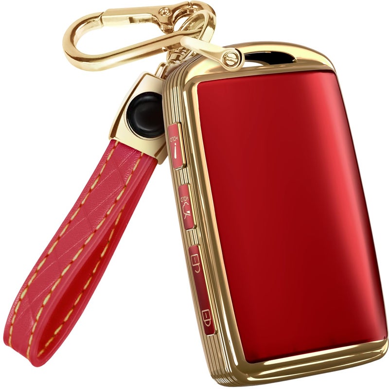 Lucrum for Mazda CX5 Key Fob Cover and Leather Keychain - TPU Key Case for Mazda 3, 6, CX-5, CX-9, CX-30, CX-50, CX-70-2019-2025 Keyfob Cover Compatible with WAZSKE11D0 - Red and Gold - Image 1