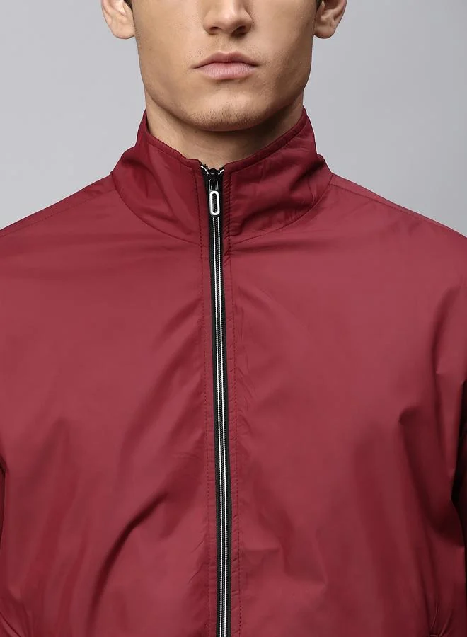 Dennis Lingo Maroon Regular Fit Men's Solid Mock Neck Full Sleeves Polyester Jacket with Zipper Closure