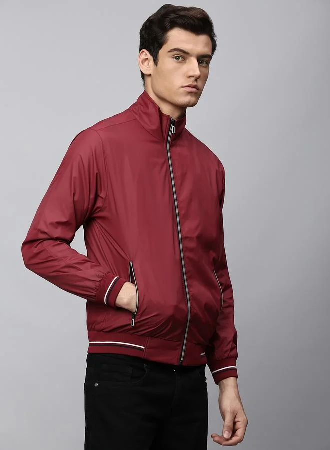Dennis Lingo Maroon Regular Fit Men's Solid Mock Neck Full Sleeves Polyester Jacket with Zipper Closure