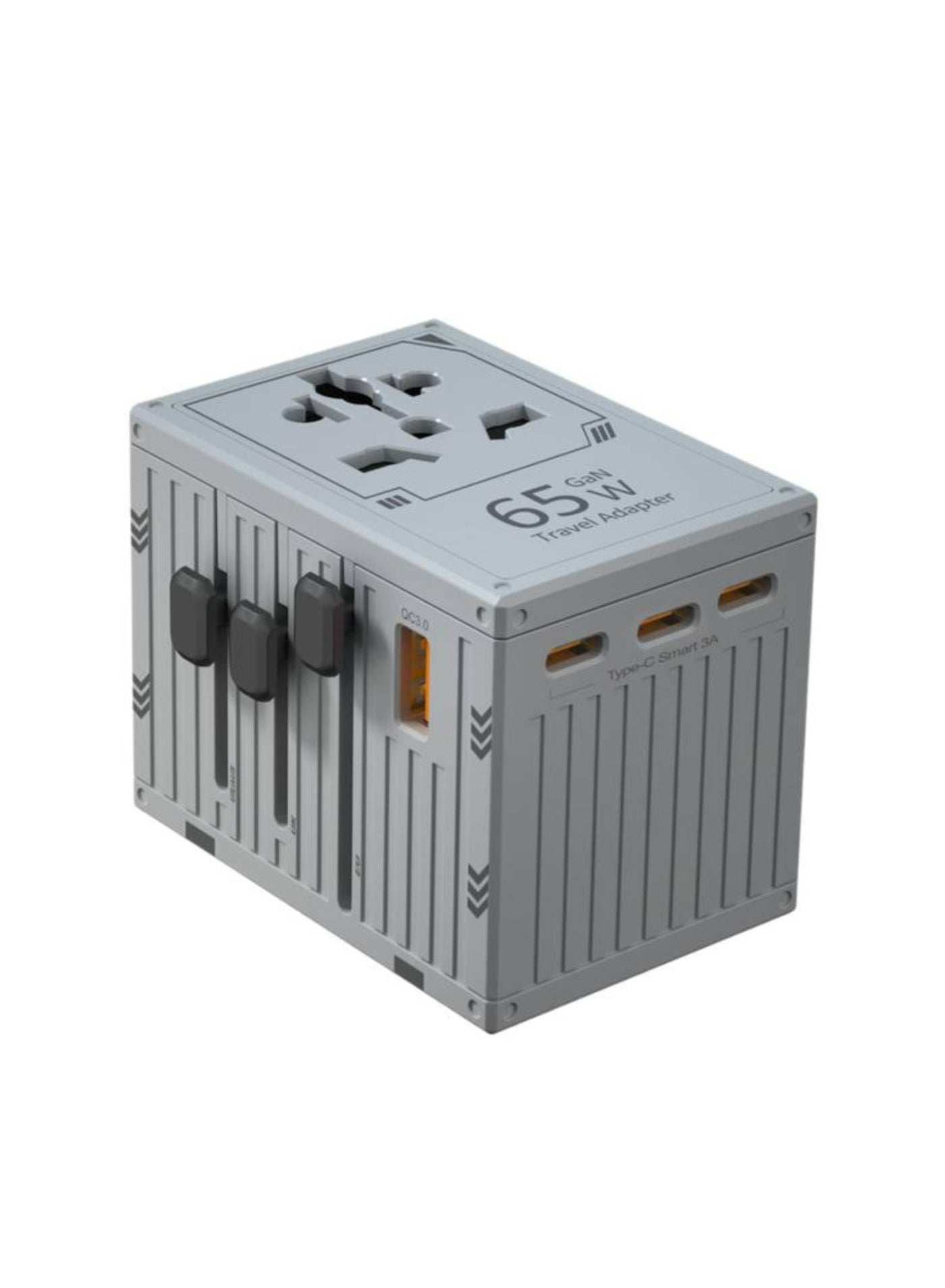 porodo Travel Universal Charger, Dual Fuse, PD 65W, 4 USB-C & 1 USB-A Ports, UK, EU, US & AU Supported Plugs, GaN Technology - Gray