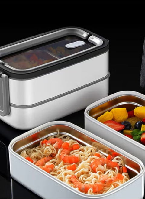 Double Layer 3-Compartment Bento Box, Rectangular Thermos Lunch Container for School, Work, Travel