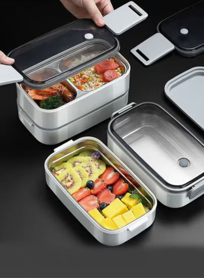Double Layer 3-Compartment Bento Box, Rectangular Thermos Lunch Container for School, Work, Travel