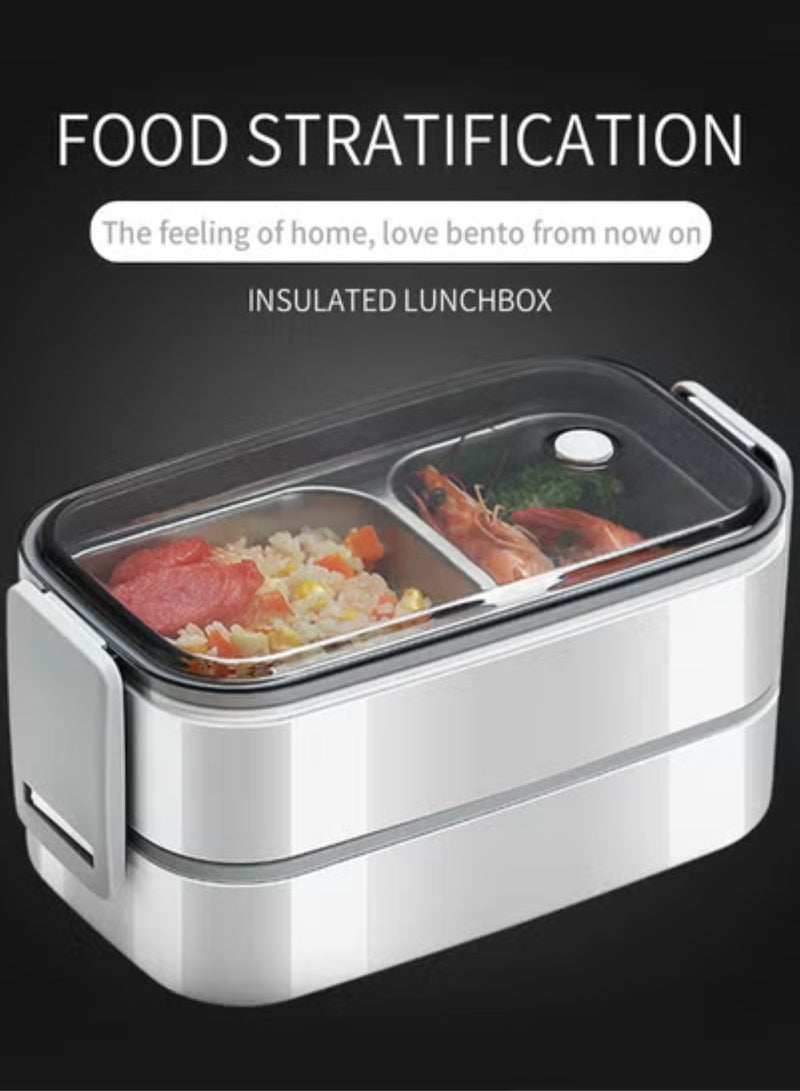 Double Layer 3-Compartment Bento Box, Rectangular Thermos Lunch Container for School, Work, Travel