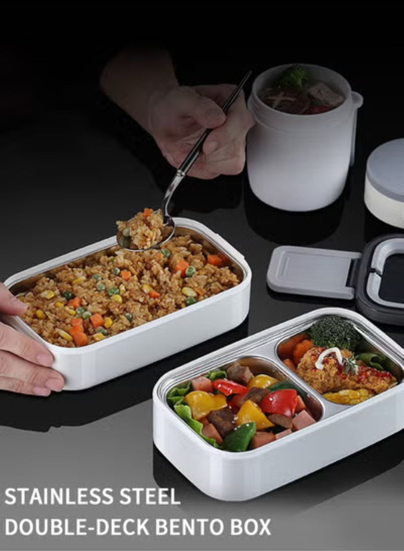 Double Layer 3-Compartment Bento Box, Rectangular Thermos Lunch Container for School, Work, Travel
