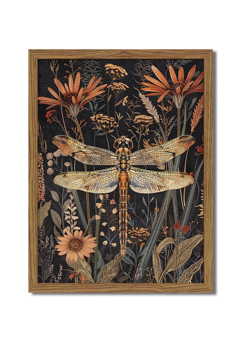 Framed Vintage 3D Textured Wall Art Dark Green Dragonfly Flowers Wall Decor Hand Drawn Sandstone Nature Botanical Paintings Pictures for Living Room Bedroom 12x16 inch