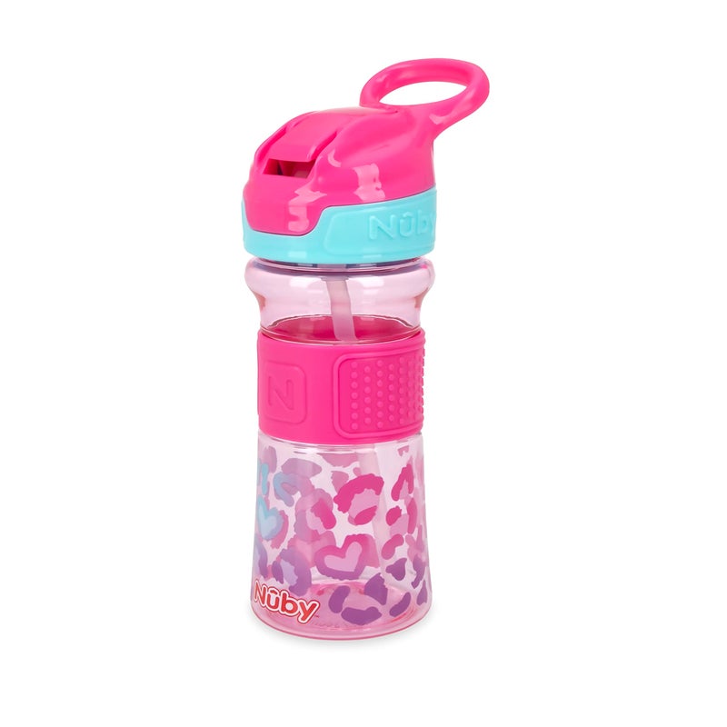 Nuby Thirsty Kids No Spill Flip-It Reflex Travel Cup With Soft Silicone Spout, 12 Oz, Pink Leopard - Image 1