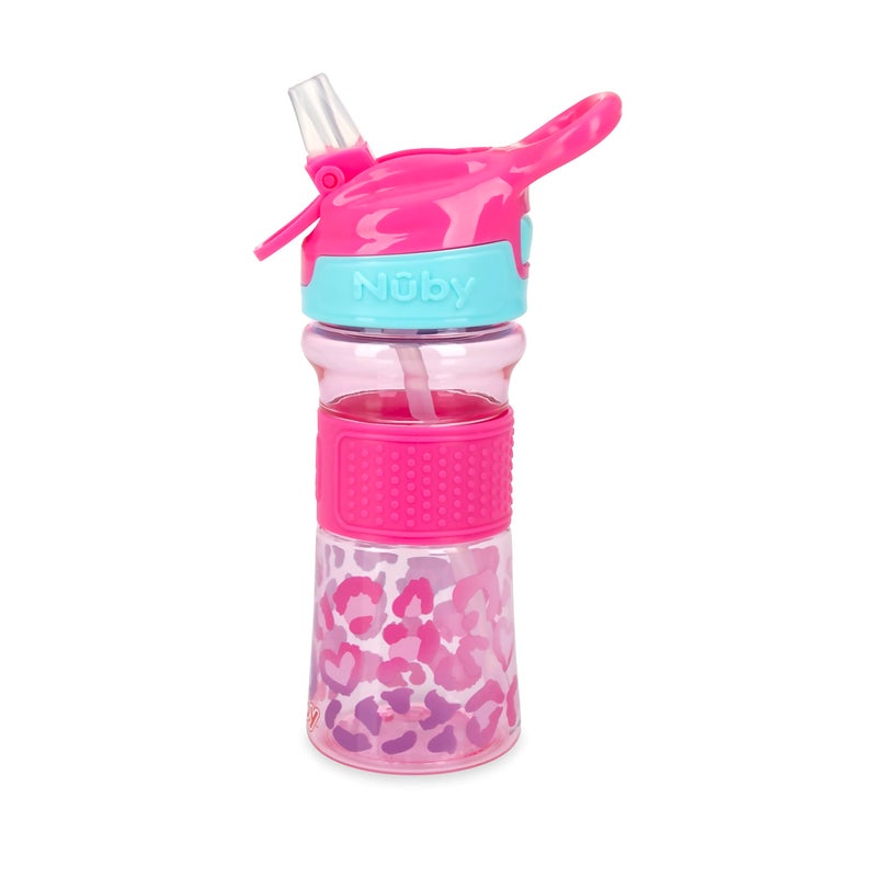 Nuby Thirsty Kids No Spill Flip-It Reflex Travel Cup With Soft Silicone Spout, 12 Oz, Pink Leopard - Image 3