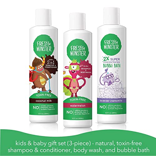 Fresh Monster Kids and Baby Bath Gift Set: Coloring Box, Natural Shampoo & Conditioner, Body Wash, and Bubble Bath (8.5 oz Each) - Image 2