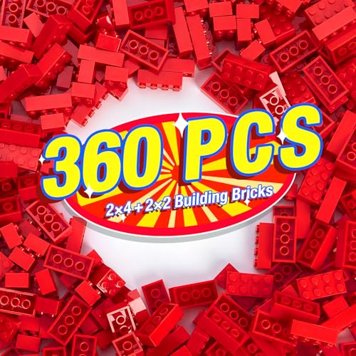 MANNIDOO 360 Pieces Building Bricks Classic Basic Flats Parts and Pieces 2x4 Brick x200 and 2x2 Brick x160 Moc Building Bulks Compatible with All Major Brands Red - Image 1