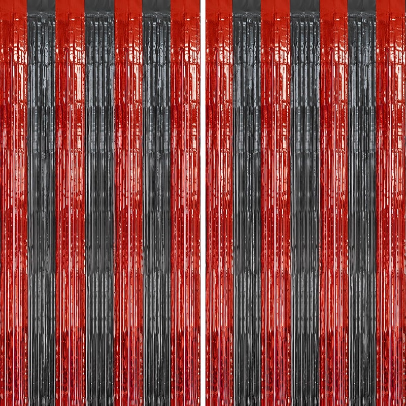 DECOCKRAT 2 Pack Foil Fringe Backdrop - Red&Black Shiny Tinsel Curtains for Party Decoration/Photo Booth Props - 3.3x6.6 FT Metallic Foil Backdrop for Birthday, Wedding, Graduation, Christmas. - Image 1