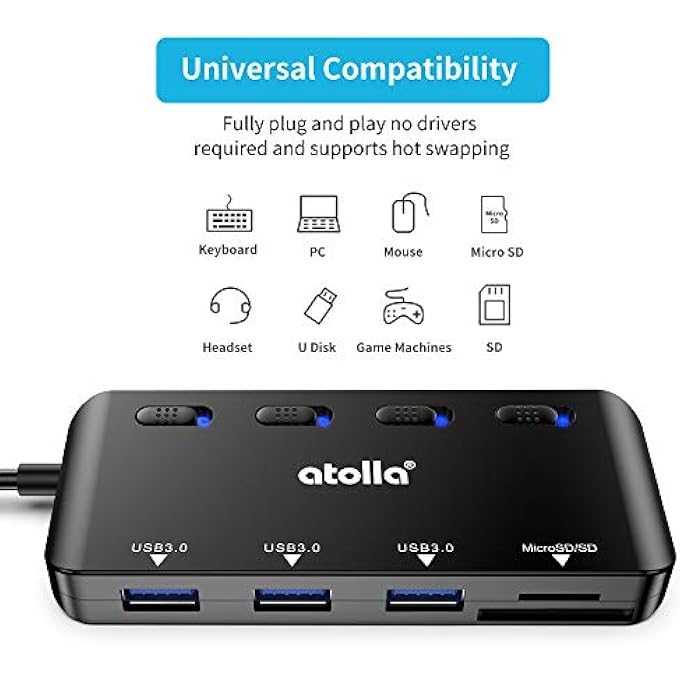 atolla USB SPLITTERS, 5 IN 1 USB 3.0 HUB FOR LAPTOP, ULTRA SLIM USB EXTENDER WITH 3 PORTS USB 3.0 & SD/TF CARD READER - Image 2