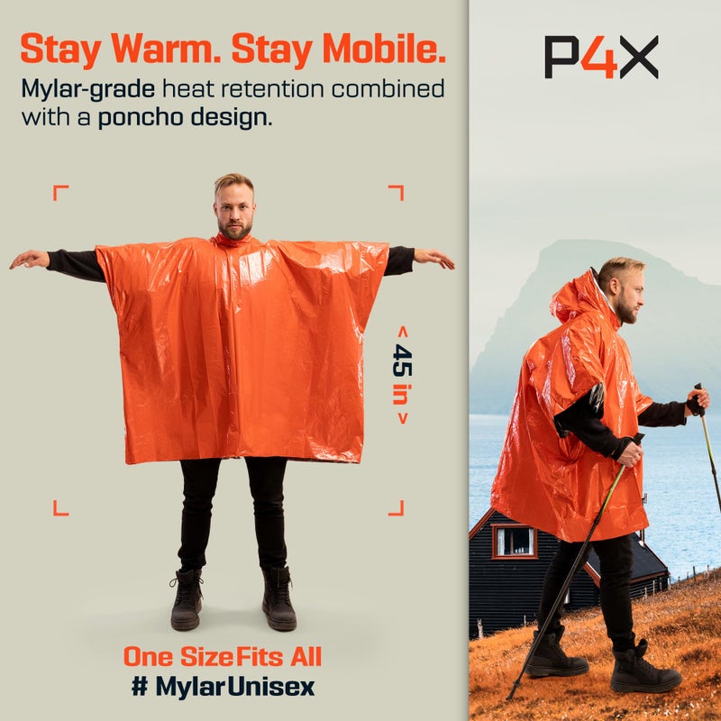PREPARED4X Emergency Mylar Blanket â€“ Survival Rain Cover with Hood â€“ Lightweight, Compact, Reusable Emergency Blanket for Hiking, Camping, Thermal Gear, Car Kit, Outdoors â€“ 10 Pack (Orange) - Image 2