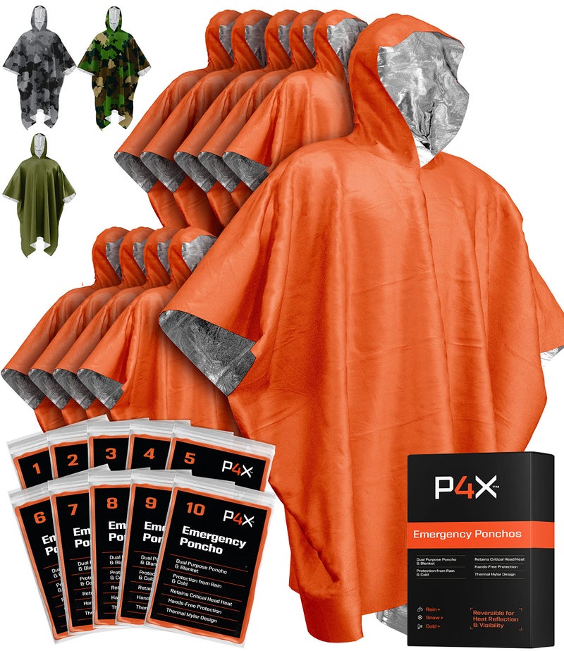 PREPARED4X Emergency Mylar Blanket â€“ Survival Rain Cover with Hood â€“ Lightweight, Compact, Reusable Emergency Blanket for Hiking, Camping, Thermal Gear, Car Kit, Outdoors â€“ 10 Pack (Orange) - Image 1