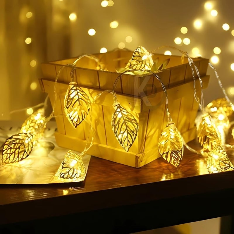 KD Metal Leaf Paan String Lights for Decoration –10 LED Leaf (Paan) 3.8 Meter Moroccan LED Fairy Lights, Warm Yellow Decorative Lights for Home, Room, Parties & Festivals - Image 1