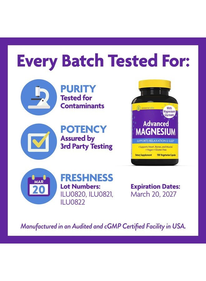 Advanced Magnesium Capsules - 150 Ct, 210 mg - Chelated Magnesium Glycinate and Malate, High Absorption, Promotes Relaxation, Bones, Muscle Health, Vegan Magnesium Malate Sleep Supplement