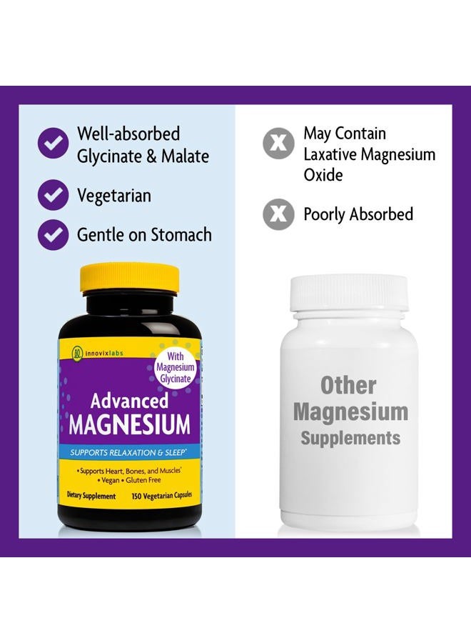 Advanced Magnesium Capsules - 150 Ct, 210 mg - Chelated Magnesium Glycinate and Malate, High Absorption, Promotes Relaxation, Bones, Muscle Health, Vegan Magnesium Malate Sleep Supplement