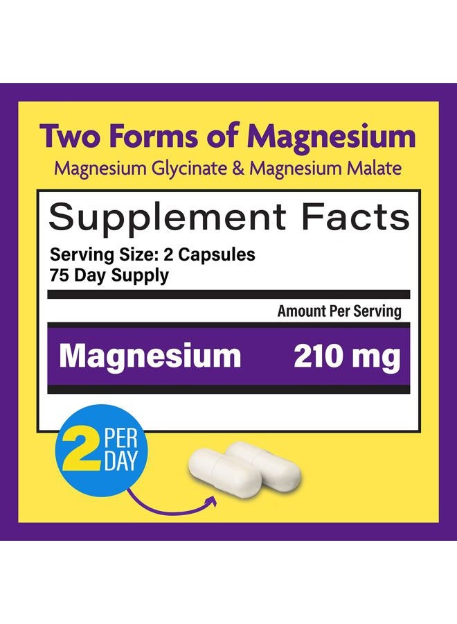 Advanced Magnesium Capsules - 150 Ct, 210 mg - Chelated Magnesium Glycinate and Malate, High Absorption, Promotes Relaxation, Bones, Muscle Health, Vegan Magnesium Malate Sleep Supplement