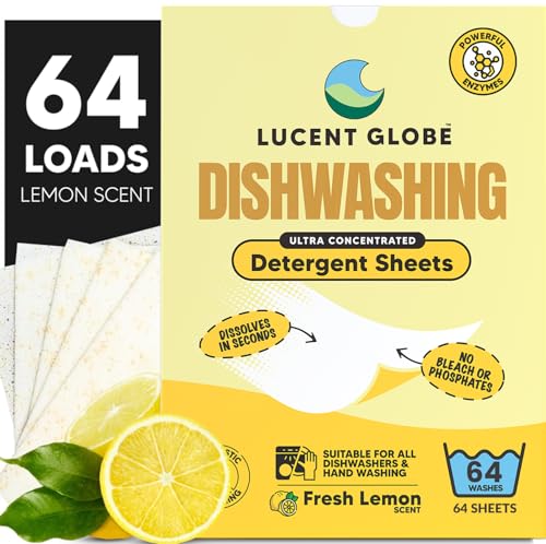 Lucent Globe Dishwasher Dishwashing Detergent Sheets Dish Soap Dishwashing Tablets Alternative PlantBased EcoFriendly Lemon Scent Plastic Free Packaging 64 Sheets