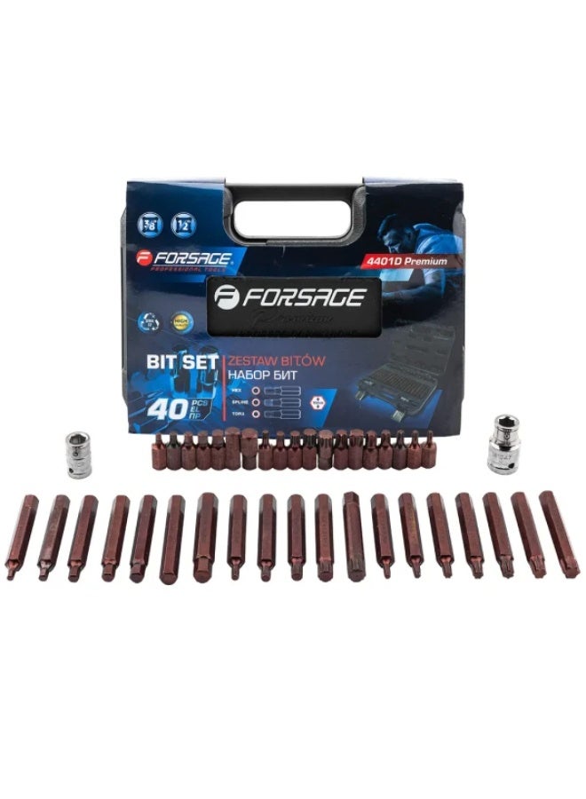 FORSAGE Set of bits with bit holder 40pcs 10mm "premium" (75/30mm: t20-t55, h4-h12, m5-m12), in plastic case - Image 1
