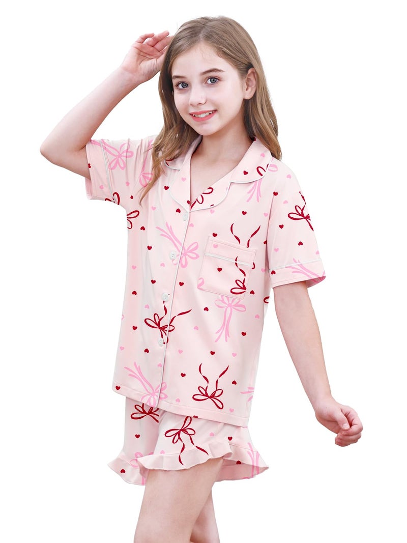 Umeyda Pajamas for Girls Soft Pajama Set Short Sleeve Button Up Pajama Top Pj Shorts, Pink Bow, 7-8 Years - Image 3