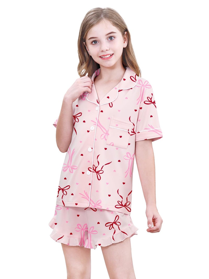 Umeyda Pajamas for Girls Soft Pajama Set Short Sleeve Button Up Pajama Top Pj Shorts, Pink Bow, 7-8 Years - Image 4