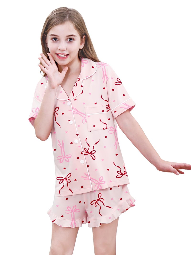 Umeyda Pajamas for Girls Soft Pajama Set Short Sleeve Button Up Pajama Top Pj Shorts, Pink Bow, 7-8 Years - Image 5
