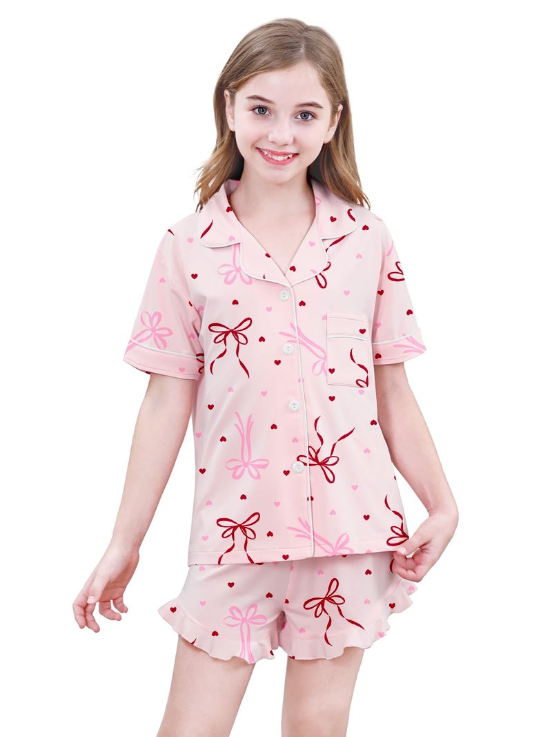 Umeyda Pajamas for Girls Soft Pajama Set Short Sleeve Button Up Pajama Top Pj Shorts, Pink Bow, 7-8 Years - Image 2