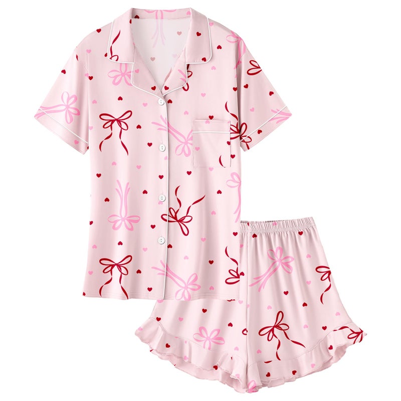 Umeyda Pajamas for Girls Soft Pajama Set Short Sleeve Button Up Pajama Top Pj Shorts, Pink Bow, 7-8 Years - Image 1