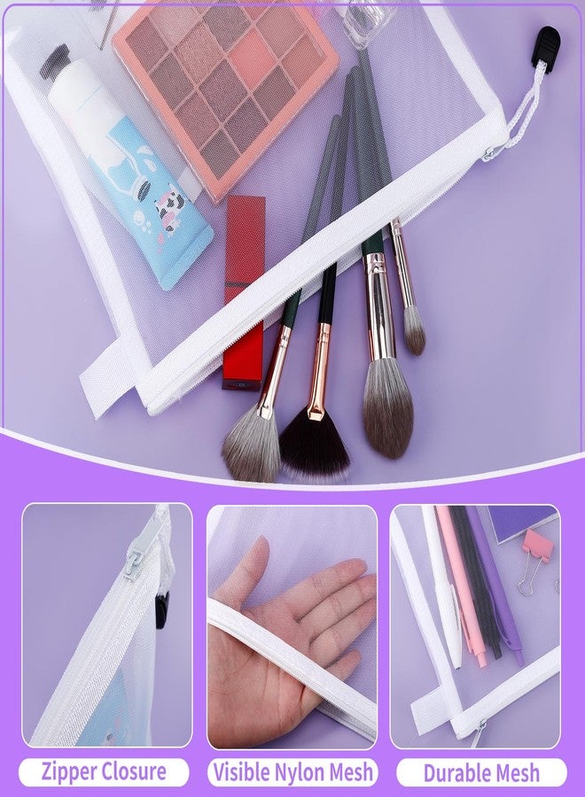 Erinnmy 12 Pieces Zipper Nylon Mesh Bags, Mesh Makeup Bag, Nylon Zipper Pouch, Multipurpose Travel Bags, Cosmetic Bag Pencil Case for Cosmetics School Office Supplies Travel (White, A5) - Image 4